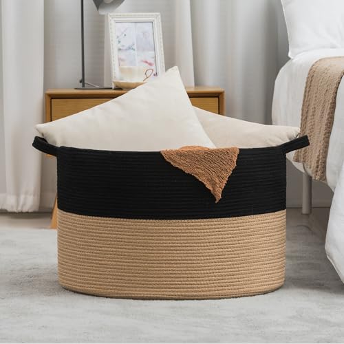 XXXLarge Woven Cotton Rope Basket (21.7" x 13.8") – Blanket Basket for Living Room, Laundry Hamper, Baby Laundry Hamper, Toy Storage, Pillows & Cushions Organizer (Black&Brown) - color: Black&Brown