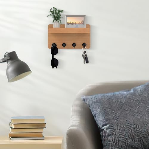 Nekon Key Holder Wall Mount, 8.5 Inch Small Wooden Wall Organizer, Wood | Rustic Wall Shelf, Farmhouse Key and Mail Holder for Living Room Entryway Kitchen - color: Wood