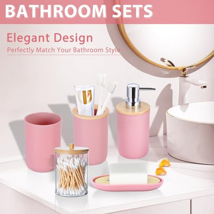 Bathroom Accessories Set 5Piece Pink Bathroom Sets, Toothbrush Holder, Toothbrush Cup, Lotion Soap Dispenser, Soap Dish and Qtip Holder Bathroom Decor - style: Pink