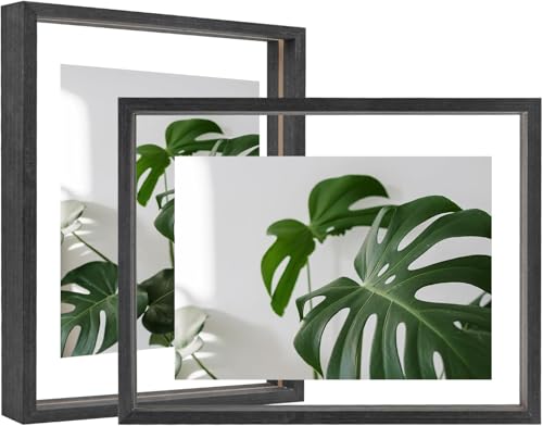 Egofine 8.5x11 Floating Frames Set of 2, Double Plexiglass Picture Frame, Made of Solid Wood Display Any Size Photo up to 8.5x11, Wall Mount or Tabletop Standing, Faded Black - color: Faded Black, size: 8.5x11