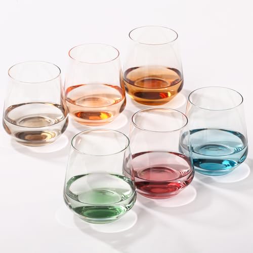 JOVGANK Colored Stemless Wine Glasses Set of 6 - Hand Blown White Red Stemless Wine Glass - 17 oz, [Lead-Free Crystal Glass] Large Short Glass Tumblers, Gift for Housewarming and Mother's Day - color: Multicolor