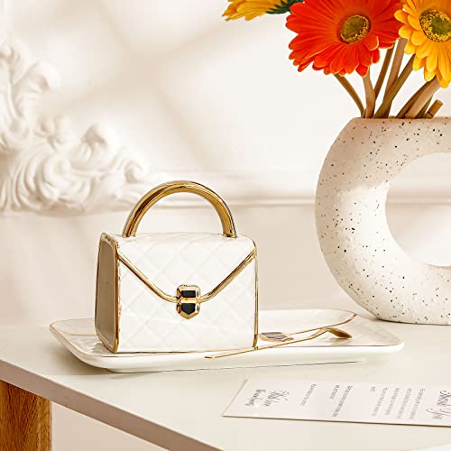 Zubebe 1 Set Coffee Mug Elegant Handbag Shaped Cup Modern Ceramic Purse Mug with Spoon and Saucer, 10oz Cute Creative Tea Cup for Woman Girls Gift (White) - color: White