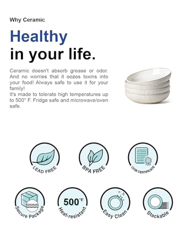 LE TAUCI Pasta Bowls 46oz, Large Salad Bowl, Ceramic Embossment Stoneware Serving Plate Bowl for Fruits, Noodle, Dinner, House-warming Wedding Present - 9 Inch, Set of 4, Arctic White - size: 9 Inch