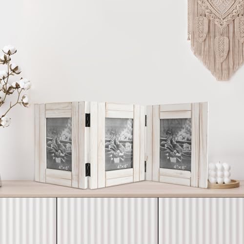 RiteSune Rustic Picture Frame White, 4X6 Picture Frame College, 3 Photo Frame Hinged Farmhouse Picture Frames Desk Photo Frame for Home Office - color: Trifold White 4X6