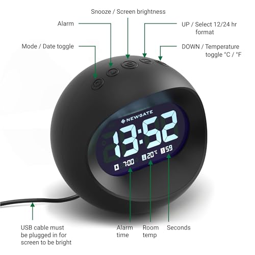 NEWGATE® Centre of the Earth Alarm Clock | Round Retro Digital LCD Clock | Black | Ideal for Bedside, Desk or Shelf | Retro Bedroom & Office Accessory - color: Black