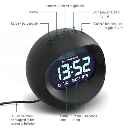 NEWGATE® Centre of the Earth Alarm Clock | Round Retro Digital LCD Clock | Black | Ideal for Bedside, Desk or Shelf | Retro Bedroom & Office Accessory - color: Black