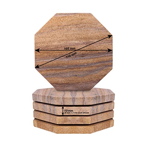 Sandstone Water Absorbent Hand Crafted Octagon Coasters for Drinks- Set of 4-4 inches Wide Thirsty Stone bar/Drink Coasters Made from Real Solid Stone (Without Holder, Set of 4) - style: Design 3
