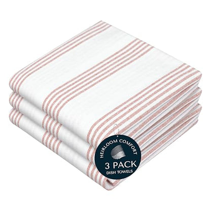 Rust Stripe Dish Towels, 3 Pack, 100% Cotton, Super Absorbent and Quick Dry, Multi Pin Striped Kitchen Towel Set, Durable Wash Cloths for Kitchen Use, Cleaning & Drying Dishes - color: Rust, style: 3 Pack