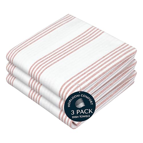 Rust Stripe Dish Towels, 3 Pack, 100% Cotton, Super Absorbent and Quick Dry, Multi Pin Striped Kitchen Towel Set, Durable Wash Cloths for Kitchen Use, Cleaning & Drying Dishes - color: Rust, style: 3 Pack