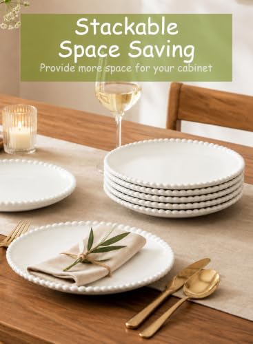 10.5 Inch Porcelain White Large Beaded Dinner Plates Set of 8 | Round Shape,Appetizer Plate,Ceramic,Dinnerware Serving,Salad,Pancakes,Steak,Pasta,Microwave, Dishwasher,Oven Safe - size: 10.5 Inch - 8P