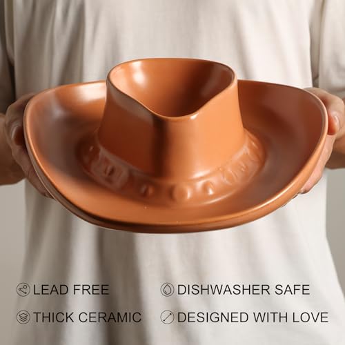 Chip and Dip Serving Set Bowl Cowboy Hat Chips and Salsa Serving Dish Brown. - color: Brown with spots