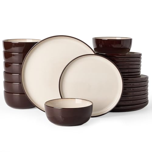 Famiware Milkyway 24-Piece Stoneware Dinnerware Set, Light khaki & Cocoa | Plates and Bowls for 8, Handmade Reactive Glaze Dish Set, Microwave & Dishwasher Safe, Chip & Scratch Resistant - color: Light khaki & Cocoa, size: Service for 8 (Standard Dinner S
