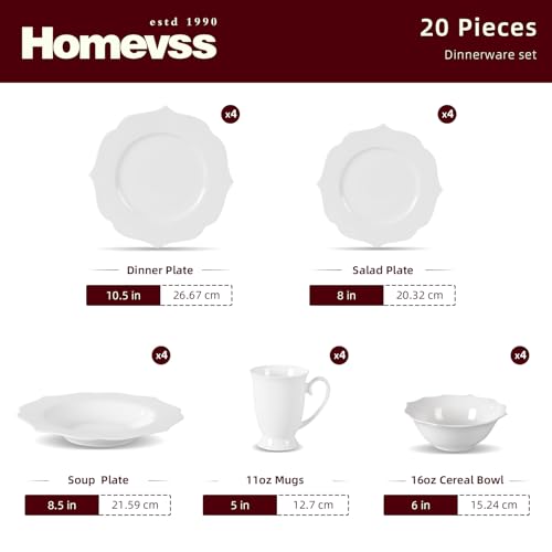 HomeVss, New Bone China Dinnerware Set, Embossed Lotus Design, 20pc Set - color: Lotus, size: Service for 4 - 20pc Set