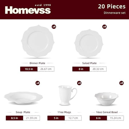 HomeVss, New Bone China Dinnerware Set, Embossed Lotus Design, 20pc Set - color: Lotus, size: Service for 4 - 20pc Set