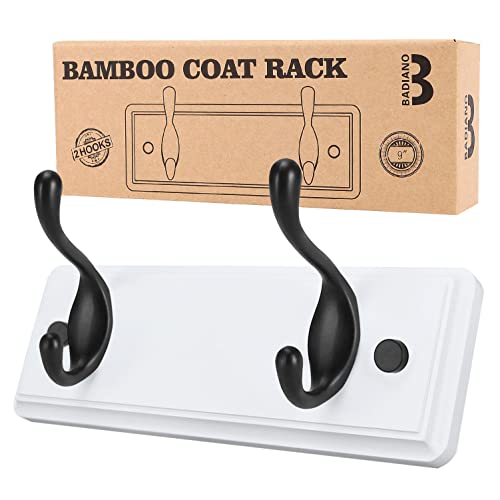 Heavy Duty Wooden Coat Rack, Wall-Mounted, Black Hook White Board, 9 Inch | 2 Black Double Hooks, Greater Storage Space Organizer for Hanging Towels, Bags, Hats, Jackets, Key - color: WhiteBlack, size: 2 Hooks