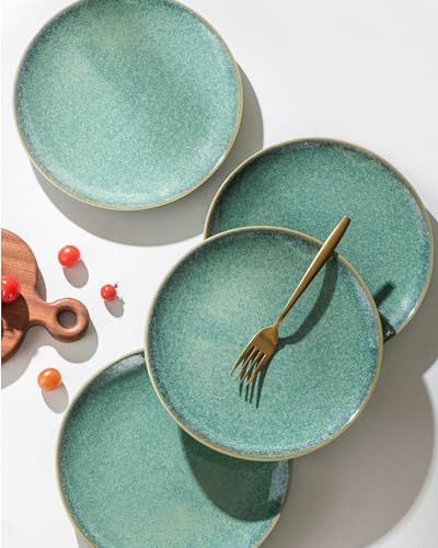 HENXFEN LEAD 10 Inch Dinner Plates Set, Porcelain Serving Dishes for Salad, Pasta, Dessert Microwave, Dishwasher Safe Plates Set of 4 - Reactive Green