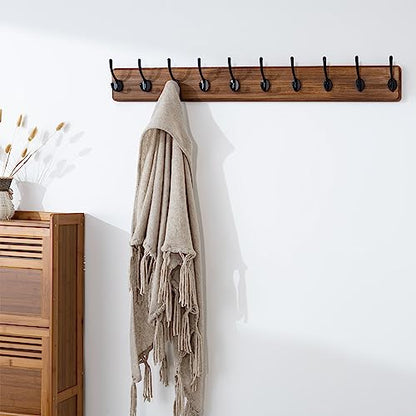 SKOLOO Rustic Wall Mounted Coat Rack, Case of 2, Pine Solid Wood Coat Hook Hanger - 10 Hooks for Hanging Clothes Robes Towels Coats - color: Brown Plate & Black Hook, size: 2 Item-10 Hooks