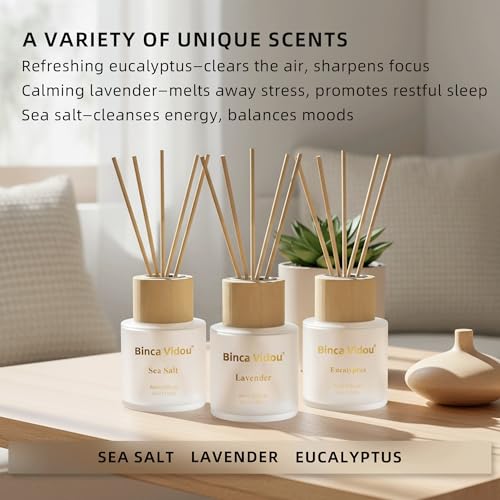 Reed Diffuser Set of 3, Binca Vidou Lavender, Eucalyptus & Sea Salt Natural Scent Oil Diffusers with Sticks for Home Office Bathroom Aromatherapy Decor 1.69oz x 3