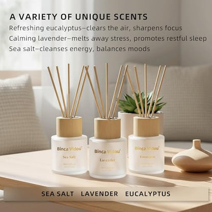 Reed Diffuser Set of 3, Binca Vidou Lavender, Eucalyptus & Sea Salt Natural Scent Oil Diffusers with Sticks for Home Office Bathroom Aromatherapy Decor 1.69oz x 3