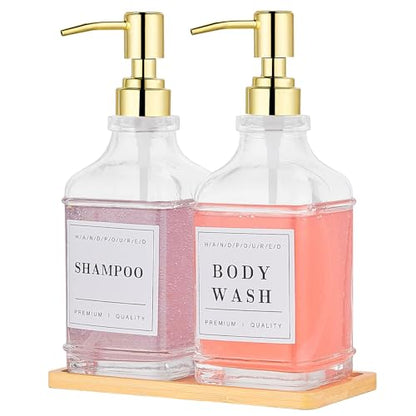 Dish and Hand Soap Dispenser,Set of 2 * 16.9oz | Glass Soap Dispenser with Gold Pump,Tray,Funnel,500ML Countertop Soap and Lotion Dispenser for Kitchen, Bathroom,Shower - color: Ks-5070-28y-2g