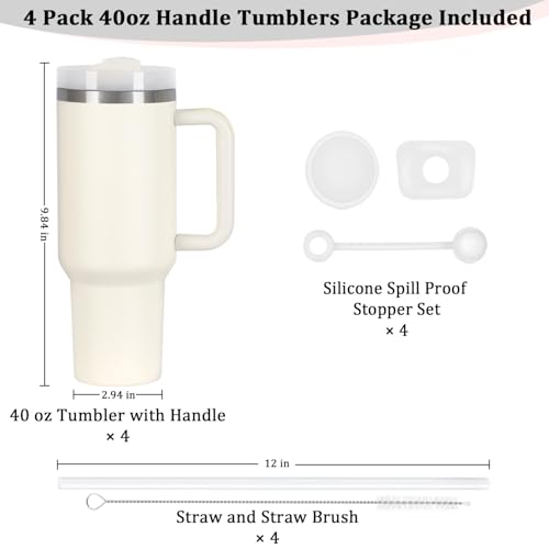 4 Pack 40 Oz Tumbler with Handle Bulk, Double Wall Vacuum Insulated Stainless Steel Tumbler with Lid and Straw, 40 oz cup with Silicone Spill Proof Stopper Set (Cream) - color: Cream