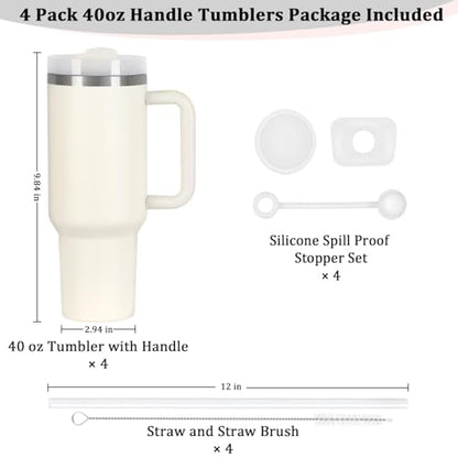 4 Pack 40 Oz Tumbler with Handle Bulk, Double Wall Vacuum Insulated Stainless Steel Tumbler with Lid and Straw, 40 oz cup with Silicone Spill Proof Stopper Set (Cream) - color: Cream
