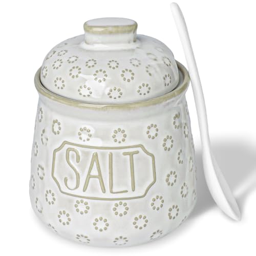 Salt Bowl with Lid and Spoon, 10oz Ceramic Seasoning Jar (Vintage White) | Easy One-Hand Access, Keeps Seasonings Fresh, Wide Opening, Easy to Clean, Dishwasher Safe - color: vintage White, size: 4.3" Label Salt