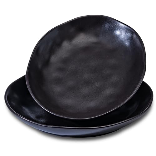 Ceramic Bowls Set of 2, Handcrafted Ceramic Plates Set | 10" Oval Serving Dishes Bowls | Large Serving Bowl Wide Shallow Bowl for Pasta, Salad, Cereal, Soup & Microwave & Dishwasher Safe, Matte Black - color: Thick Black