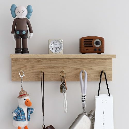 Marine Plywood Wall Mounted Coat Rack with Shelf & Key Hooks, 5 Brass Hooks Entryway Organizer, Modern Floating Shelf for Bedroom Hallway, Space-Saving Home Storage Rack (1, Oak Finish) - color: Oak Finish