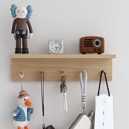 Marine Plywood Wall Mounted Coat Rack with Shelf & Key Hooks, 5 Brass Hooks Entryway Organizer, Modern Floating Shelf for Bedroom Hallway, Space-Saving Home Storage Rack (1, Oak Finish) - color: Oak Finish