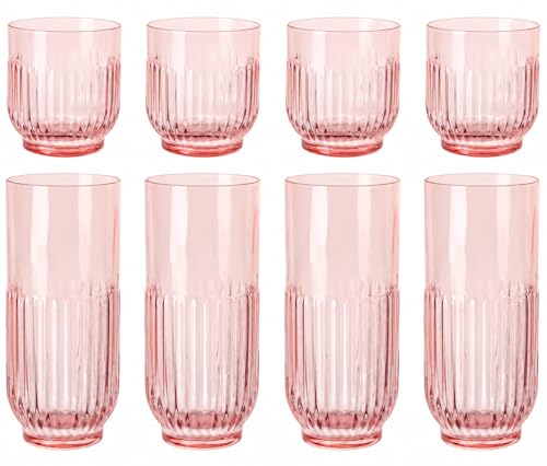 Pink Ribbed Drinking Glasses Set of 8 Pink glass cups set 4 Highball Glasses 13oz & 4 Rocks Drinking Glasses 9oz, Vintage Ribbed Tumbler Glasses for Water, Cocktail, Whiskey,Juice Beer - color: Pink-8pcs