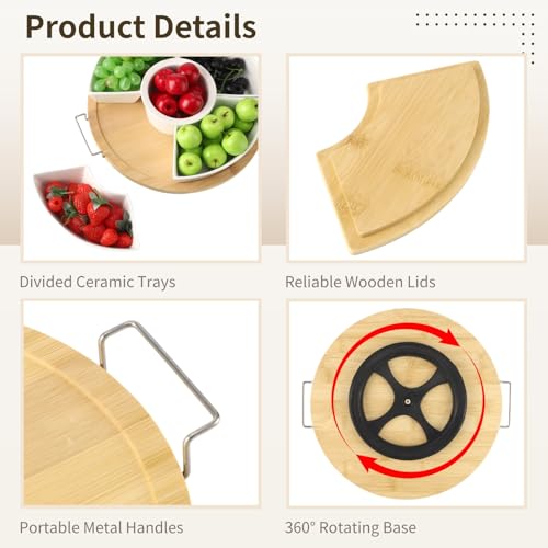 Taco Bar Serving Set for a Party, Veggie Tray Platter with Lid, Ceramic Lazy Susan Serving Tray with Divided Sections, Wooden Lids and Metal Handles, 360 Rotating Serving Set for Fruits Vegetable Dip