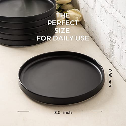 AmorArc Ceramic Plates Set of 6, Matte Glaze 8.0 Inch Dishes Set for Kitchen, Dessert,Salad,Appetizer, Small Dinner Plates, Microwave & Dishwasher Safe, Scratch Resistant, Matte Black | High Edge Small Dinner Plates for Dessert,Salad,Appetizer,Dinner,Micr