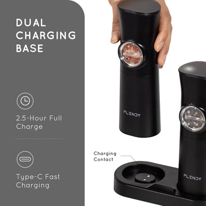 Flendy Gravity Electric Salt and Pepper Grinder Set with Charging Base | USB-C Charging Base, Gravity-Activated, Automatic, Rechargeable, Dust Cover, Large Capacity, Slim, Kitchen Housewarming Gift - color: Black