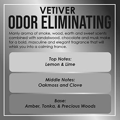 Vetiver Odor Eliminating Highly Fragranced Candle - Eliminates 95% of Pet, Smoke, Food, and Other Smells Quickly - Up to 80 Hour Burn time - 12 Ounce Premium Soy Blend - color: Vetiver Scented Candle