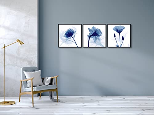 Wieco Art Framed Wall Art Blue Abstract Flowers 3 Panels Canvas Prints Home Art Modern Artwork Wall Pictures for Living Room Bedroom and Home Decorations Black Frame - size: 20x20inchx3pcs (Framed)