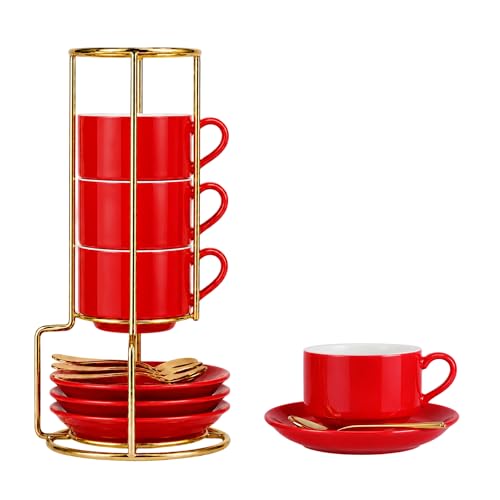 3 Ounce Espresso Cups Set of 4, Red | Stackable Demitasse Mugs, Includes Display Stand, Cups Saucers, and Spoons, for Machines & Home Use - color: Red