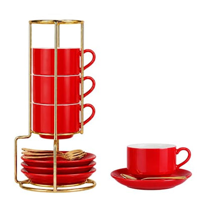 3 Ounce Espresso Cups Set of 4, Red | Stackable Demitasse Mugs, Includes Display Stand, Cups Saucers, and Spoons, for Machines & Home Use - color: Red