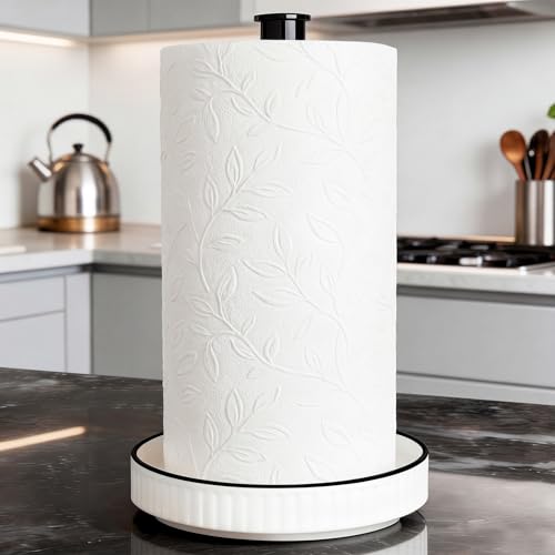 Paper Towel Holder, Ceramic Heavy Plate Base Wobble-Free, Roll Stand-Wh-bk | Effortless Cleaning and Easy to Assemble, Super Large for Triple Rolls, High End Looking as a Good Gift for Kitchen Island - color: Farmhouse White