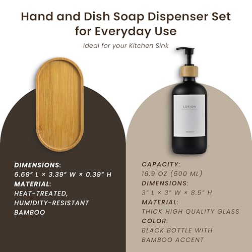MaisoNovo Glass Dish Soap Dispenser for Kitchen Set of 2-16.9oz Dish and Hand Soap Dispenser Set for Kitchen - Black Glass Bottles x 2 with Black Bamboo Pumps & Tray - color: Black Bottles/Black Bamboo Pumps