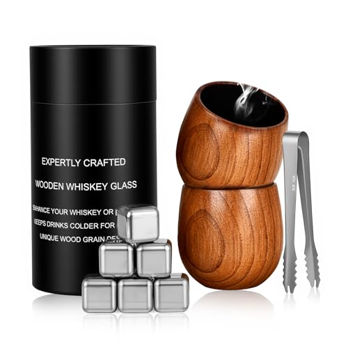 Charred Wooden Bourbon Drinking Glass Wooden Whiskey Glasses Set of 2 with 6 Stainless Steel Whiskey Stones and Tongs Old Fashioned Glass Bourbon Gifts for Men (2 Pack – Tube Gift Box) - style: 2 Pack