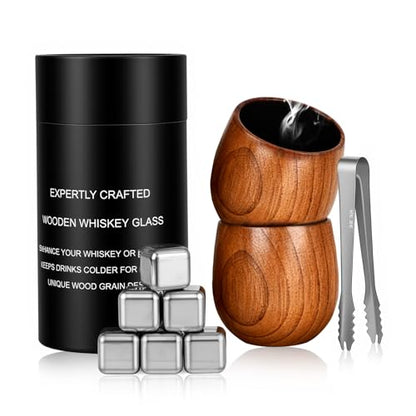 Charred Wooden Bourbon Drinking Glass Wooden Whiskey Glasses Set of 2 with 6 Stainless Steel Whiskey Stones and Tongs Old Fashioned Glass Bourbon Gifts for Men (2 Pack – Tube Gift Box) - style: 2 Pack