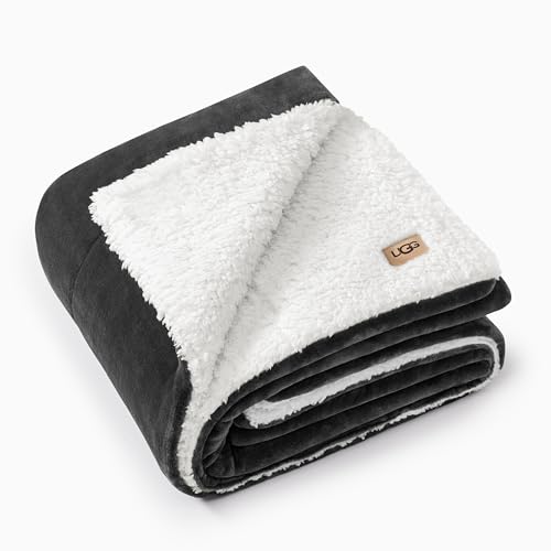 UGG Nita Throw Blanket, Reversible Fleece Blanket, 50" x 70", Charcoal Grey | Plush UGG Fluff to Smooth Box Stitched Fleece, Machine Washable, Soft & Cozy for Couch or Bed, College Dorm Room Essential - color: Grey, size: Throw