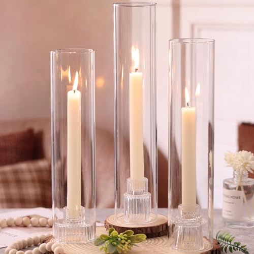 NITIME 3 Set Hurricane Glass Candle Holders for Taper Candles, Candlestick Holders with Windproof Glass Tubes(11.8"/12.6"/13.8" H), Taper Candle Holders for Table Centerpieces, Wedding, Party Decor - color: Clear, size: 11.8"/12.6"/13.8" H--3pcs+3pcs Cand