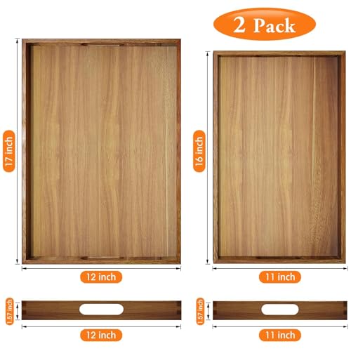 Serving Trays - 2 Pack, Large | Acacia Wood Serving Platters with Ergonomic Handles, Versatile Rustic Decorative Trays for Breakfast, Brunch, Dinner - size: 16"x11"x1.57" and 17"x12"x1.57"