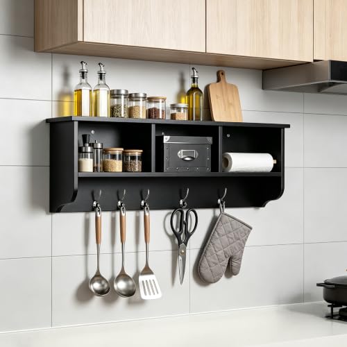 38.6inch Wall Mounted Entryway Coat Rack with Storage Shelf 4 Dual Hooks Wooden Storage Living Room Wall Cabinet with 3 Cubbies Space Saving Hanging Shelf for Hats Bags Coats (Espresso) - color: Espresso