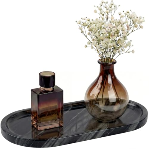 YKAJO Antique Wood Oval Marble Tray, 11.8x5.9 Vanity Perfume Organizer | Honed natural stone; jewelry & trinket dish, ring & key holder, soap & candle catchall; bath counter, dresser, coffee table - color: Antique Wood, size: 11.8" x 5.9" x 0.6"