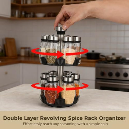 Double Layer Revolving Spice Rack Organizer, 12-Piece Empty Glass Jar Set with Marker Pen & Labels, Space-Saving Seasoning Storage Stand for Kitchen Countertop, BBQ, or Restaurant Storage