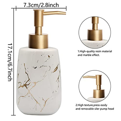 4 Pcs Creative Golden White Ceramics Bathroom Accessories Set, Include Lotion Dispenser Soap Pump, Toothbrush Holder, Tumblers, Soap Dish (Ceramic White)