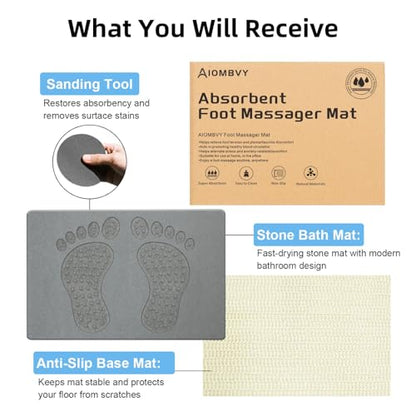 Stone Bath Mat - Diatomite Quick Non Slip Absorbent Shower Mat 23.6"×15.4" | Super Absorbent Diatomaceous Earth Mat for Bathroom, Non-Slip, Quick-Drying, Easy to Clean, Foot Massage Bumps, Gray